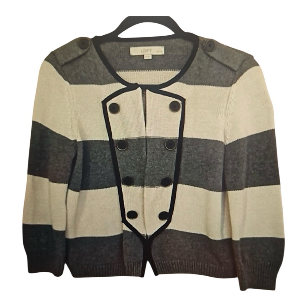 Ann Taylor LOFT Striped Cotton Cardigan in Cream & Gray Sz MP Like New